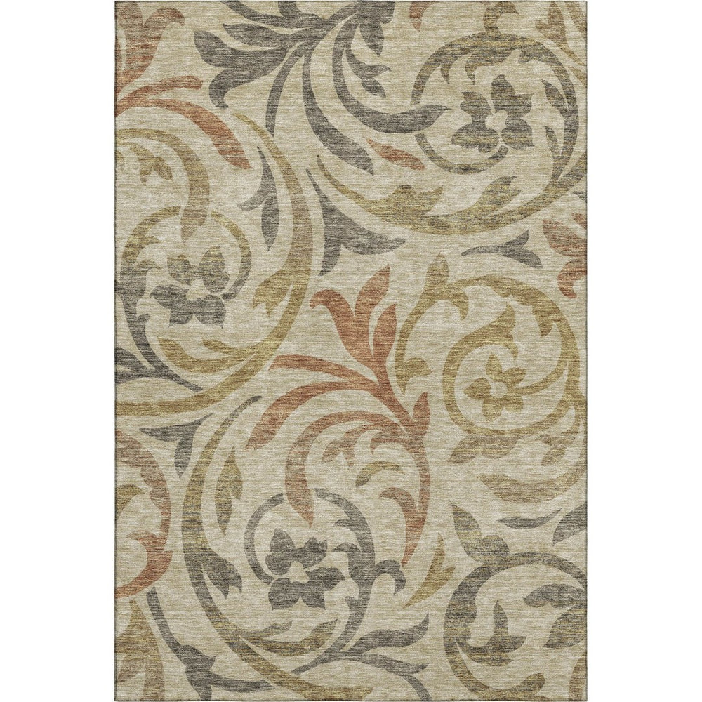 HomeRoots 8' X 10' Washable Floral Area Rug in Beige, Gold & Brown - UV Protected, Stain Resistant, Family-Friendly 664090