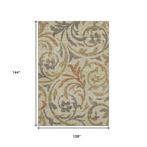 HomeRoots 9' X 12' Washable Beige Gold Brown Floral Area Rug with UV Protection – Durable, Stylish, Easy Care! 664091