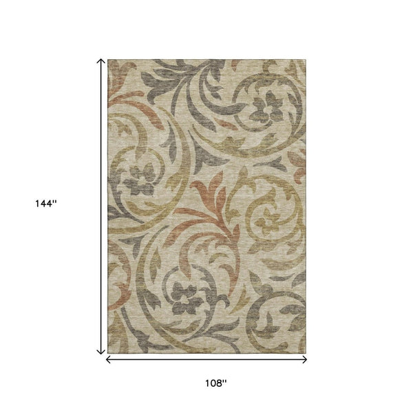 HomeRoots 9' X 12' Washable Beige Gold Brown Floral Area Rug with UV Protection – Durable, Stylish, Easy Care! 664091