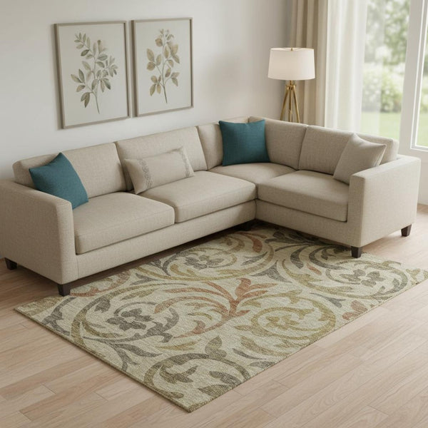 HomeRoots 9' X 12' Washable Beige Gold Brown Floral Area Rug with UV Protection – Durable, Stylish, Easy Care! 664091