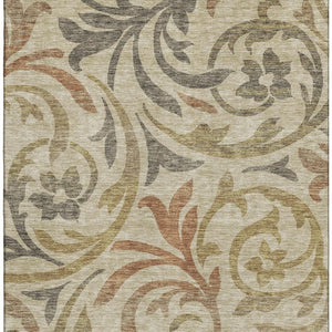 HomeRoots 9' X 12' Washable Beige Gold Brown Floral Area Rug with UV Protection – Durable, Stylish, Easy Care! 664091
