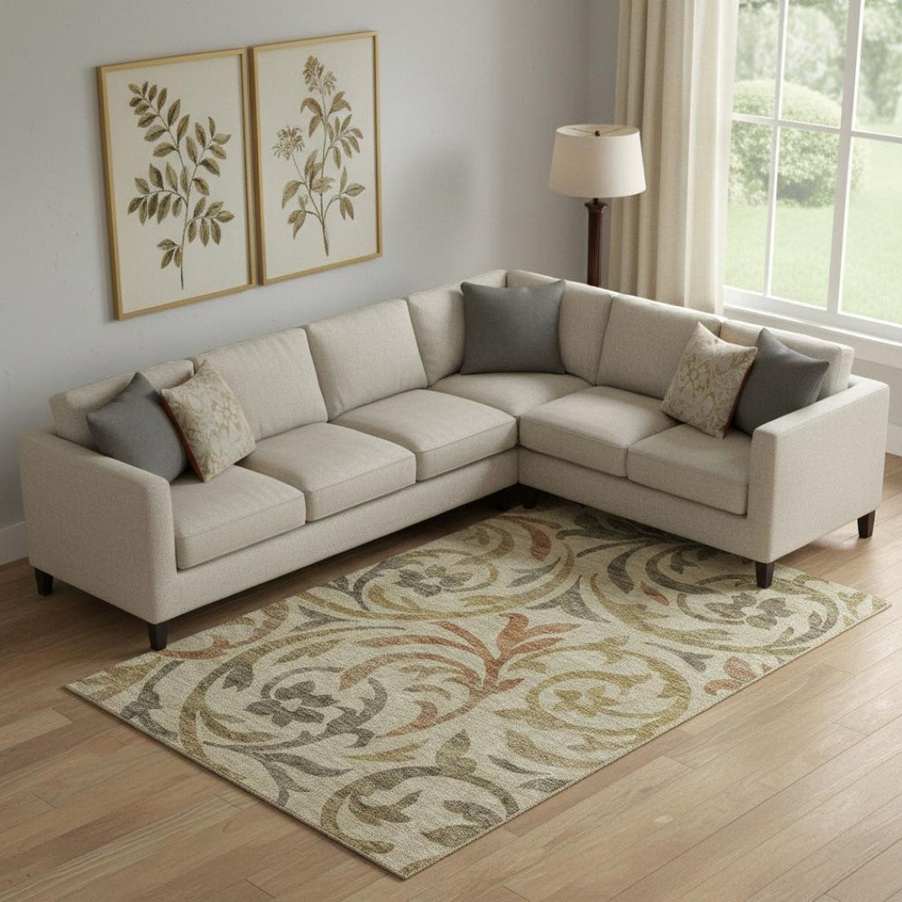 HomeRoots 10' X 14' Beige Gold and Brown Floral Washable Area Rug with UV Protection for Family Spaces & Patios 664092