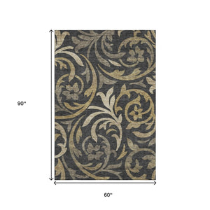 HomeRoots 5' X 8' Stylish Black Gold Beige Floral Area Rug - Washable, UV Protected, Perfect for High Traffic Areas! 664094