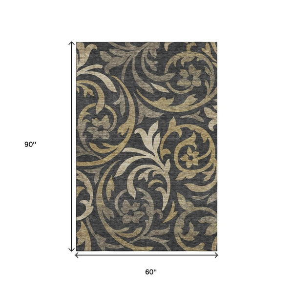 HomeRoots 5' X 8' Stylish Black Gold Beige Floral Area Rug - Washable, UV Protected, Perfect for High Traffic Areas! 664094