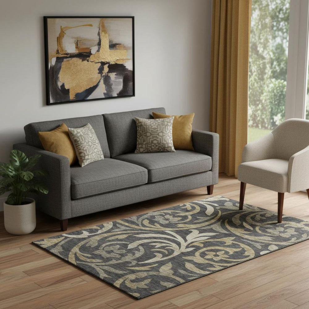 HomeRoots 5' X 8' Stylish Black Gold Beige Floral Area Rug - Washable, UV Protected, Perfect for High Traffic Areas! 664094