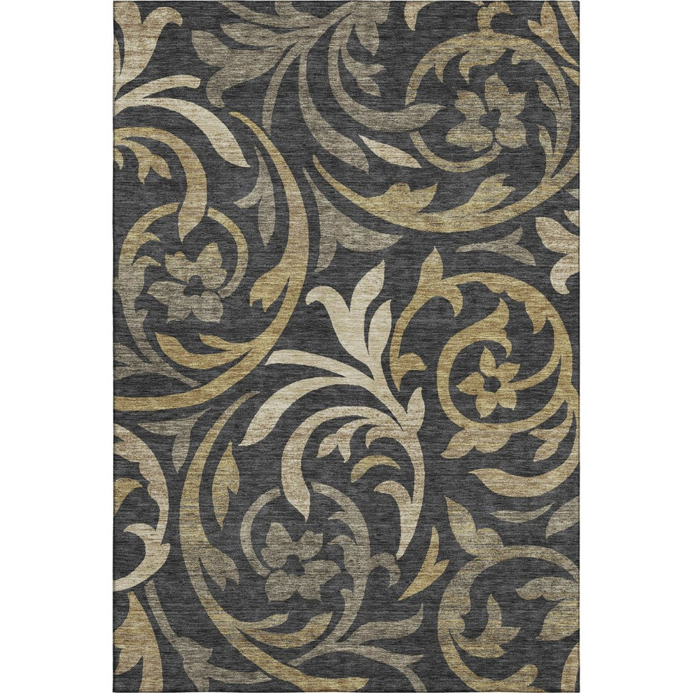 HomeRoots 5' X 8' Stylish Black Gold Beige Floral Area Rug - Washable, UV Protected, Perfect for High Traffic Areas! 664094