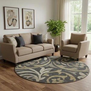 HomeRoots 8' Washable Round Rug with Black, Gold & Beige Floral Design - UV Protection & Stain-Resistant Care 664095