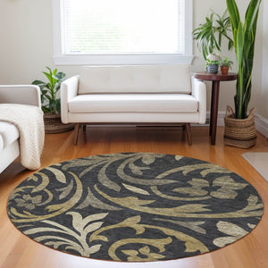 HomeRoots 8' Washable Round Rug with Black, Gold & Beige Floral Design - UV Protection & Stain-Resistant Care 664095