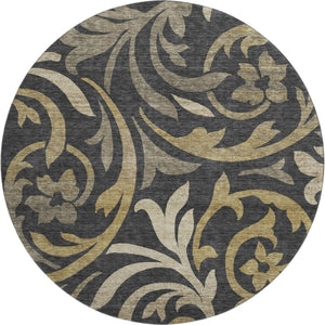 HomeRoots 8' Washable Round Rug with Black, Gold & Beige Floral Design - UV Protection & Stain-Resistant Care 664095