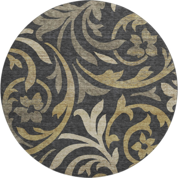 HomeRoots 8' Washable Round Rug with Black, Gold & Beige Floral Design - UV Protection & Stain-Resistant Care 664095