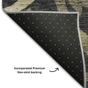 HomeRoots 8' Washable Round Rug with Black, Gold & Beige Floral Design - UV Protection & Stain-Resistant Care 664095