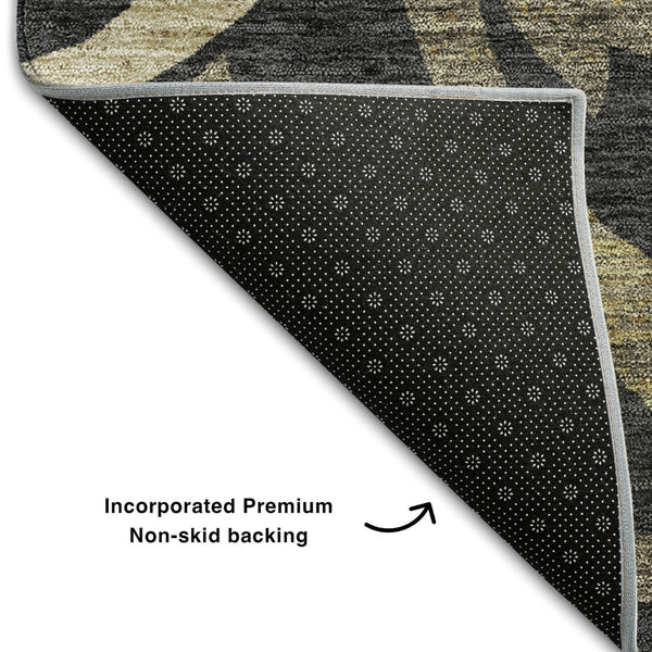 HomeRoots 8' Washable Round Rug with Black, Gold & Beige Floral Design - UV Protection & Stain-Resistant Care 664095