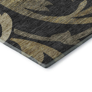 HomeRoots 8' Washable Round Rug with Black, Gold & Beige Floral Design - UV Protection & Stain-Resistant Care 664095