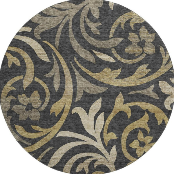 HomeRoots 8' Washable Round Rug with Black, Gold & Beige Floral Design - UV Protection & Stain-Resistant Care 664095
