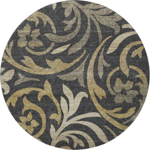 HomeRoots 8' Washable Round Rug with Black, Gold & Beige Floral Design - UV Protection & Stain-Resistant Care 664095