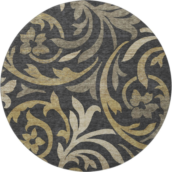 HomeRoots 8' Washable Round Rug with Black, Gold & Beige Floral Design - UV Protection & Stain-Resistant Care 664095