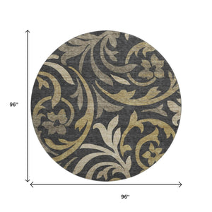 HomeRoots 8' Washable Round Rug with Black, Gold & Beige Floral Design - UV Protection & Stain-Resistant Care 664095