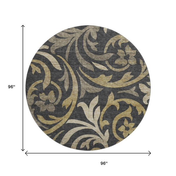 HomeRoots 8' Washable Round Rug with Black, Gold & Beige Floral Design - UV Protection & Stain-Resistant Care 664095