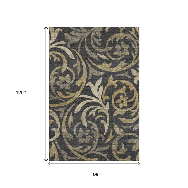HomeRoots 8' X 10' Elegant Black Gold Beige Floral Area Rug - Washable, UV Protected, Durable & Stylish Design 664096