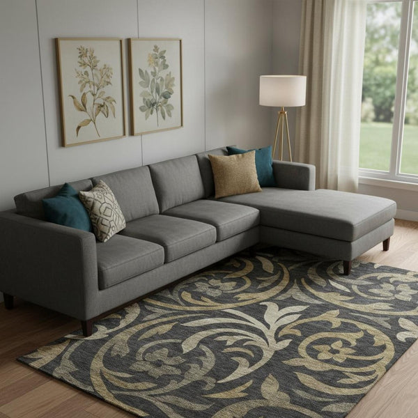 HomeRoots 8' X 10' Elegant Black Gold Beige Floral Area Rug - Washable, UV Protected, Durable & Stylish Design 664096