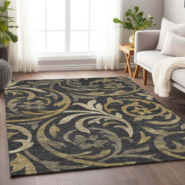HomeRoots 8' X 10' Elegant Black Gold Beige Floral Area Rug - Washable, UV Protected, Durable & Stylish Design 664096