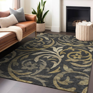 HomeRoots 8' X 10' Elegant Black Gold Beige Floral Area Rug - Washable, UV Protected, Durable & Stylish Design 664096