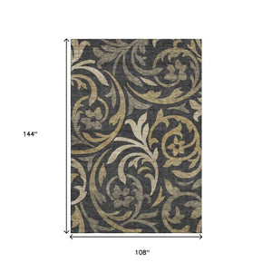 HomeRoots 9' X 12' Washable Black Gold Beige Floral Area Rug with UV Protection for Stylish, Durable Living Spaces 664097