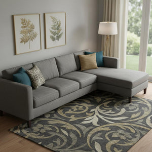 HomeRoots 9' X 12' Washable Black Gold Beige Floral Area Rug with UV Protection for Stylish, Durable Living Spaces 664097