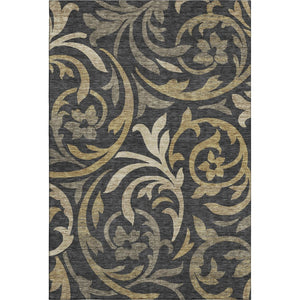 HomeRoots 9' X 12' Washable Black Gold Beige Floral Area Rug with UV Protection for Stylish, Durable Living Spaces 664097