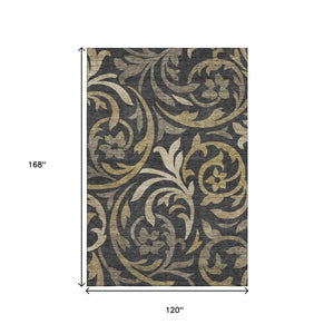 HomeRoots 10' X 14' Black Gold And Beige Floral Area Rug - Washable, UV-Protected, Durable for Homes & Outdoors 664098