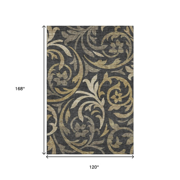 HomeRoots 10' X 14' Black Gold And Beige Floral Area Rug - Washable, UV-Protected, Durable for Homes & Outdoors 664098