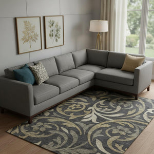 HomeRoots 10' X 14' Black Gold And Beige Floral Area Rug - Washable, UV-Protected, Durable for Homes & Outdoors 664098