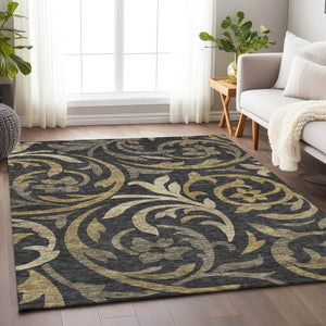 HomeRoots 10' X 14' Black Gold And Beige Floral Area Rug - Washable, UV-Protected, Durable for Homes & Outdoors 664098