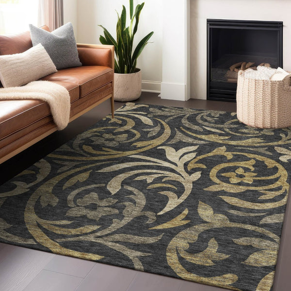 HomeRoots 10' X 14' Black Gold And Beige Floral Area Rug - Washable, UV-Protected, Durable for Homes & Outdoors 664098