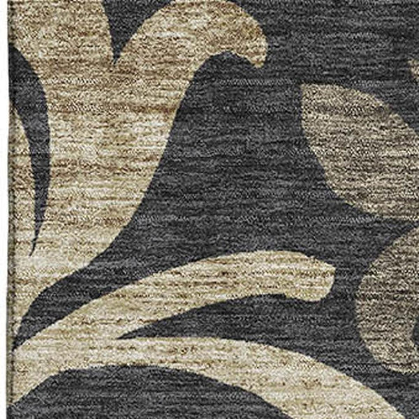 HomeRoots 10' X 14' Black Gold And Beige Floral Area Rug - Washable, UV-Protected, Durable for Homes & Outdoors 664098