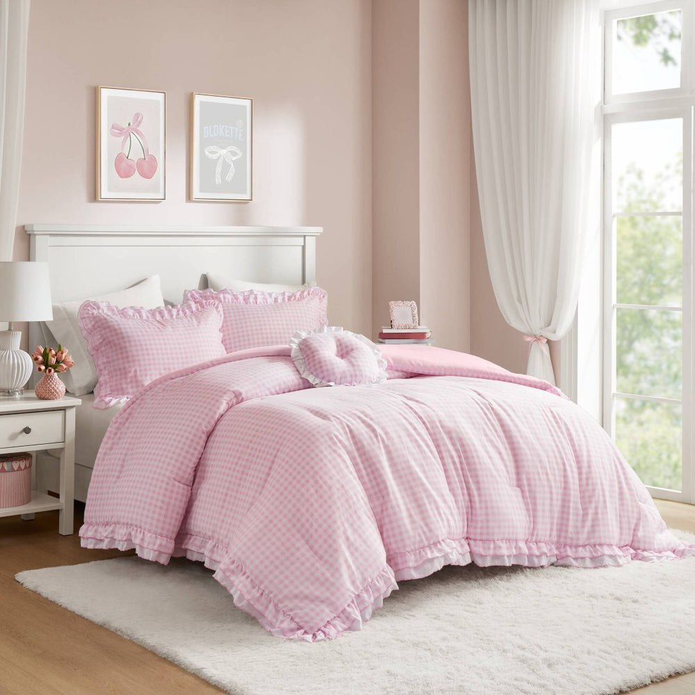 English Elm 4-piece Gingham Ruffle Comforter Set Romantic Cottage Bedroom Brushed Polyester Fill Pink B035P463188