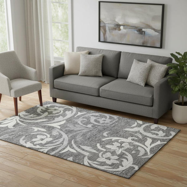 HomeRoots 5' Charcoal Silver & Gray Floral Area Rug - Washable, Fade-Resistant, UV Protected for Homes 664106