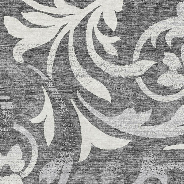 HomeRoots 5' Charcoal Silver & Gray Floral Area Rug - Washable, Fade-Resistant, UV Protected for Homes 664106