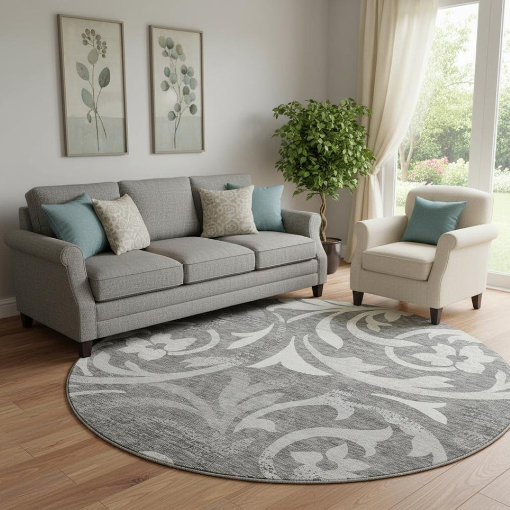 HomeRoots 8' Charcoal Silver & Gray Floral Round Rug - Durable, Washable, UV Protected for High-Traffic Areas 664107