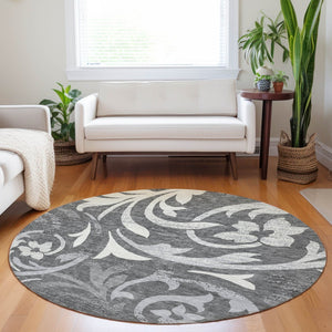 HomeRoots 8' Charcoal Silver & Gray Floral Round Rug - Durable, Washable, UV Protected for High-Traffic Areas 664107