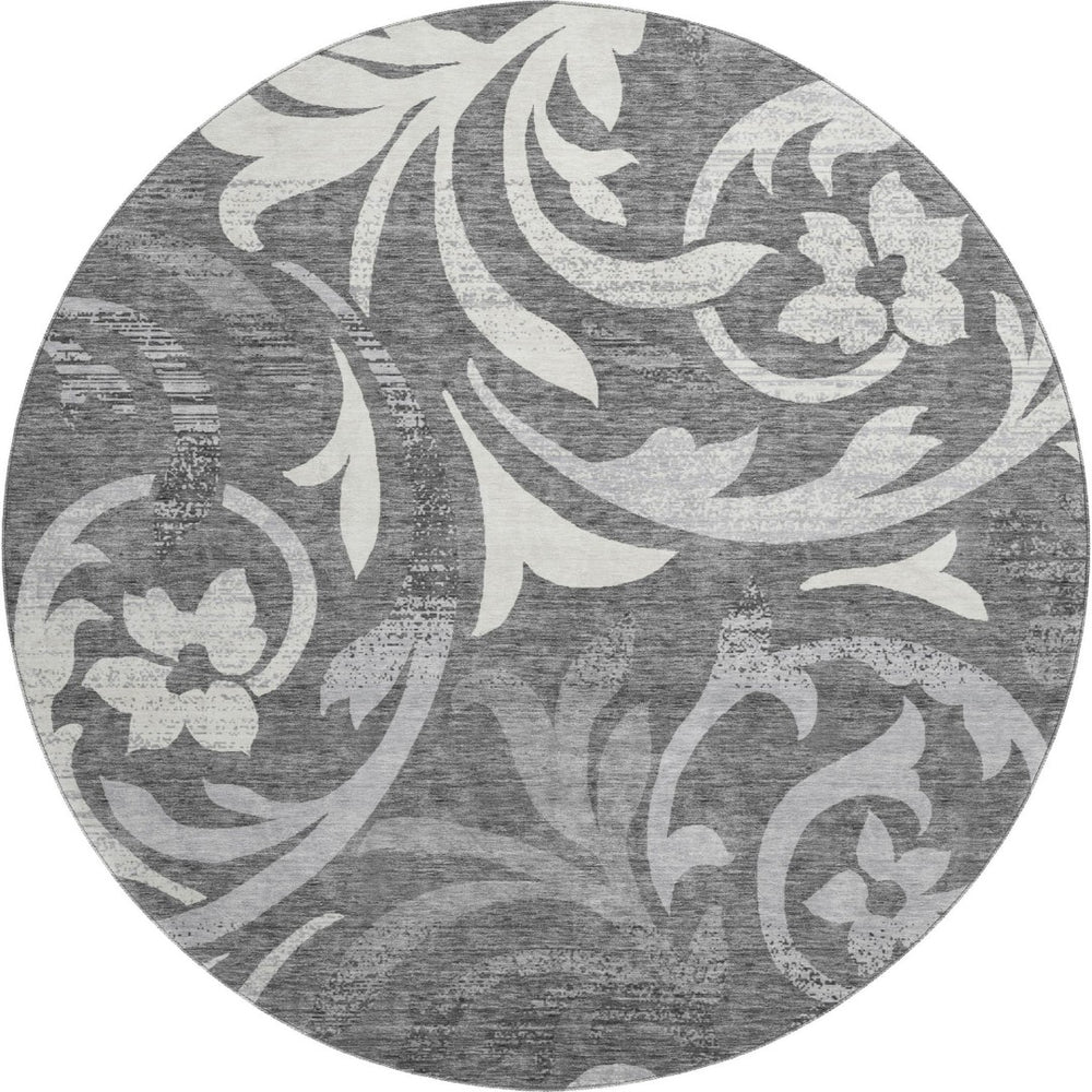 HomeRoots 8' Charcoal Silver & Gray Floral Round Rug - Durable, Washable, UV Protected for High-Traffic Areas 664107
