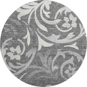 HomeRoots 8' Charcoal Silver & Gray Floral Round Rug - Durable, Washable, UV Protected for High-Traffic Areas 664107