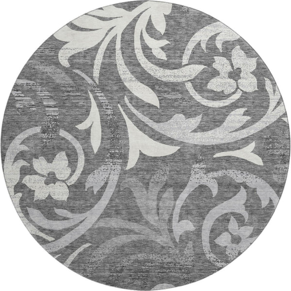 HomeRoots 8' Charcoal Silver & Gray Floral Round Rug - Durable, Washable, UV Protected for High-Traffic Areas 664107