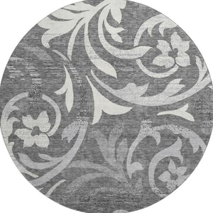 HomeRoots 8' Charcoal Silver & Gray Floral Round Rug - Durable, Washable, UV Protected for High-Traffic Areas 664107