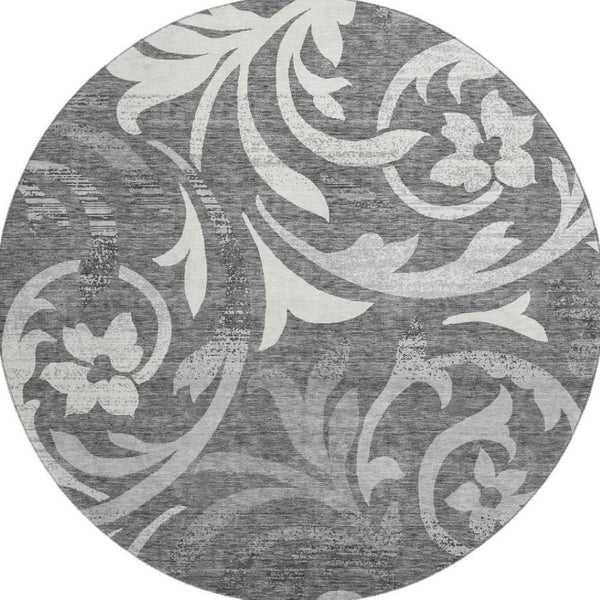 HomeRoots 8' Charcoal Silver & Gray Floral Round Rug - Durable, Washable, UV Protected for High-Traffic Areas 664107