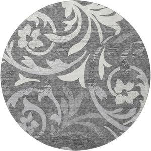 HomeRoots 8' Charcoal Silver & Gray Floral Round Rug - Durable, Washable, UV Protected for High-Traffic Areas 664107