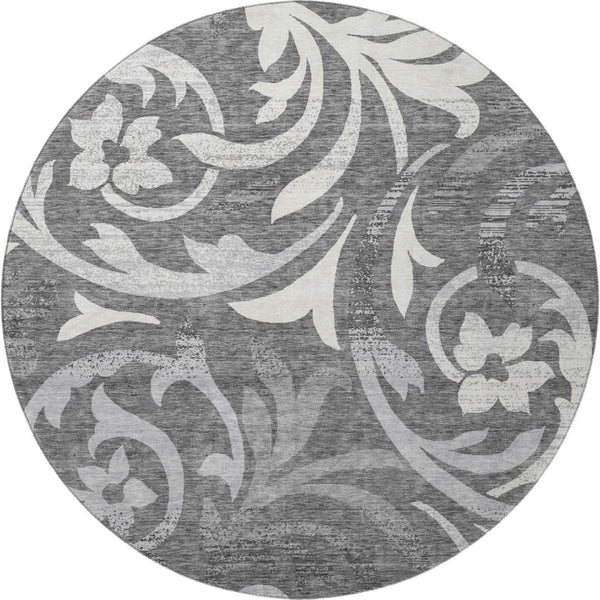 HomeRoots 8' Charcoal Silver & Gray Floral Round Rug - Durable, Washable, UV Protected for High-Traffic Areas 664107