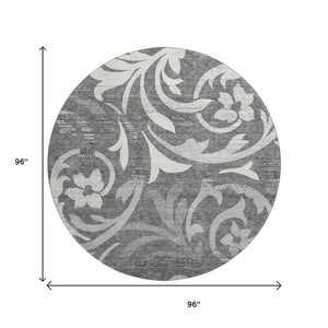 HomeRoots 8' Charcoal Silver & Gray Floral Round Rug - Durable, Washable, UV Protected for High-Traffic Areas 664107