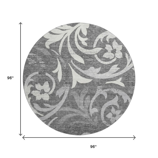 HomeRoots 8' Charcoal Silver & Gray Floral Round Rug - Durable, Washable, UV Protected for High-Traffic Areas 664107