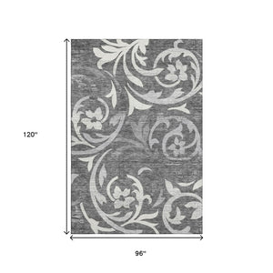 HomeRoots 8' X 10' Charcoal Floral Area Rug – Washable, UV-Protected, Stylish & Durable for High-Traffic Areas 664108
